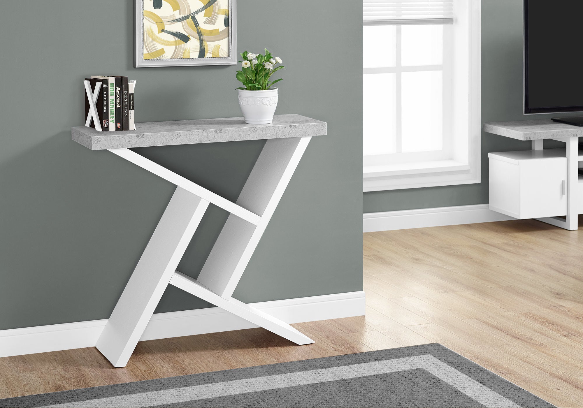 36" Gray and White Abstract Console Table With Shelves