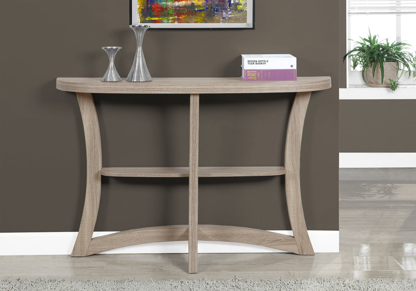 47" Taupe Half Moon Three Leg Console Table With Shelves