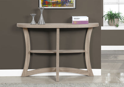 47" Taupe Half Moon Three Leg Console Table With Shelves