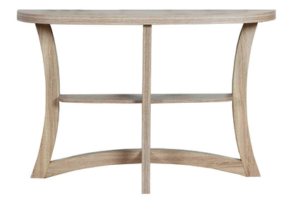47" Taupe Half Moon Three Leg Console Table With Shelves