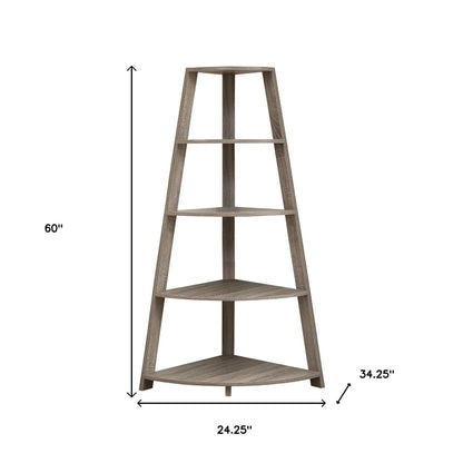 60" Taupe Wood Four Tier Corner Bookcase