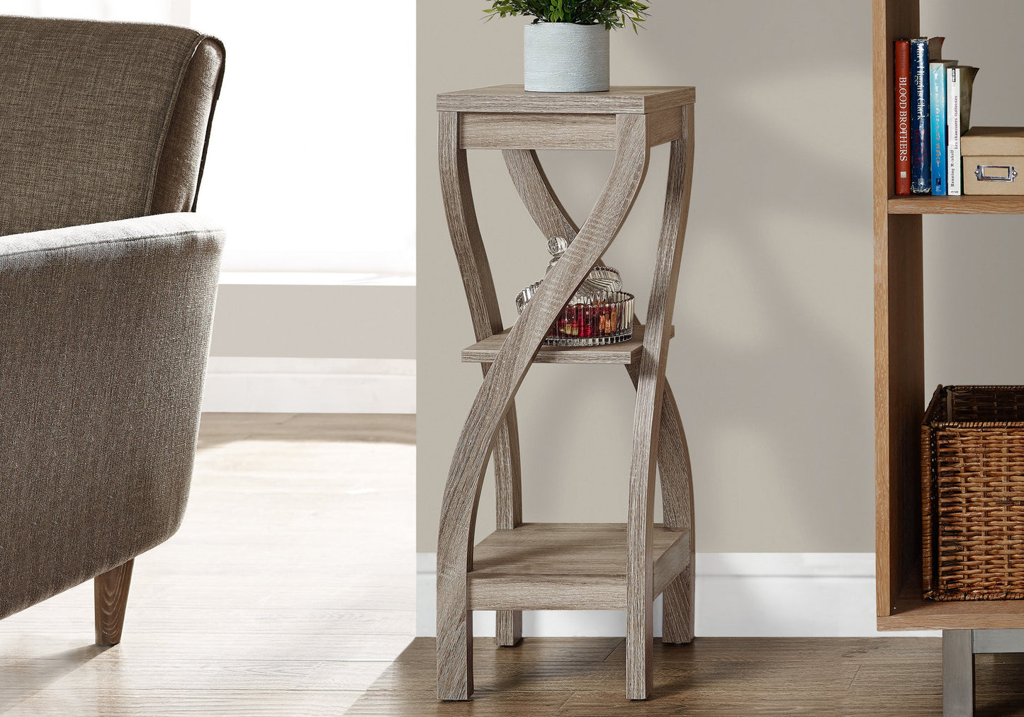 32" Deep Taupe Wood Square End Table With Two Shelves