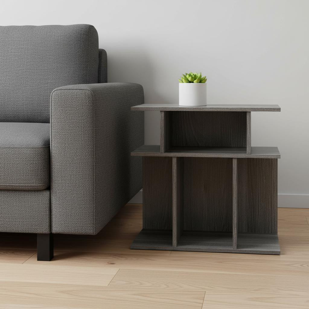 24" Dark Gray Wood End Table With Six Open Shelves