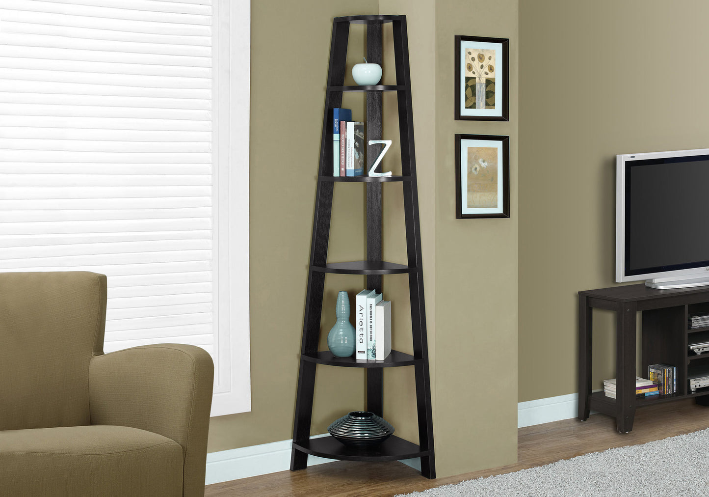 71" Espresso Wood Five Tier Corner Bookcase