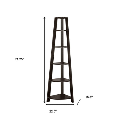 71" Espresso Wood Five Tier Corner Bookcase