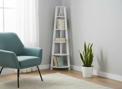 71" White Wood Five Tier Corner Bookcase