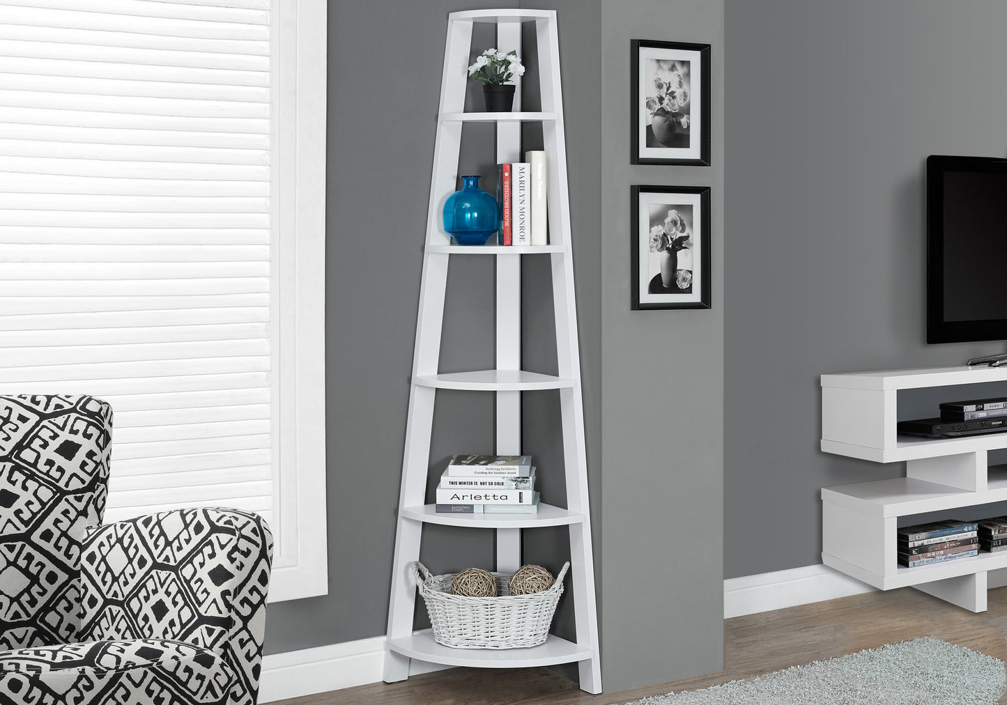71" White Wood Five Tier Corner Bookcase