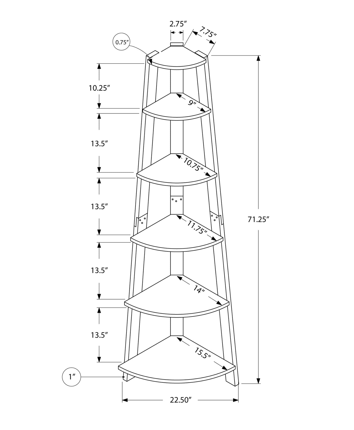 71" Gray Wood Five Tier Corner Bookcase