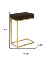 10.25" X 15.75" X 24.5" Cappuccino Finish And Gold Laminated Drawer Accent Table