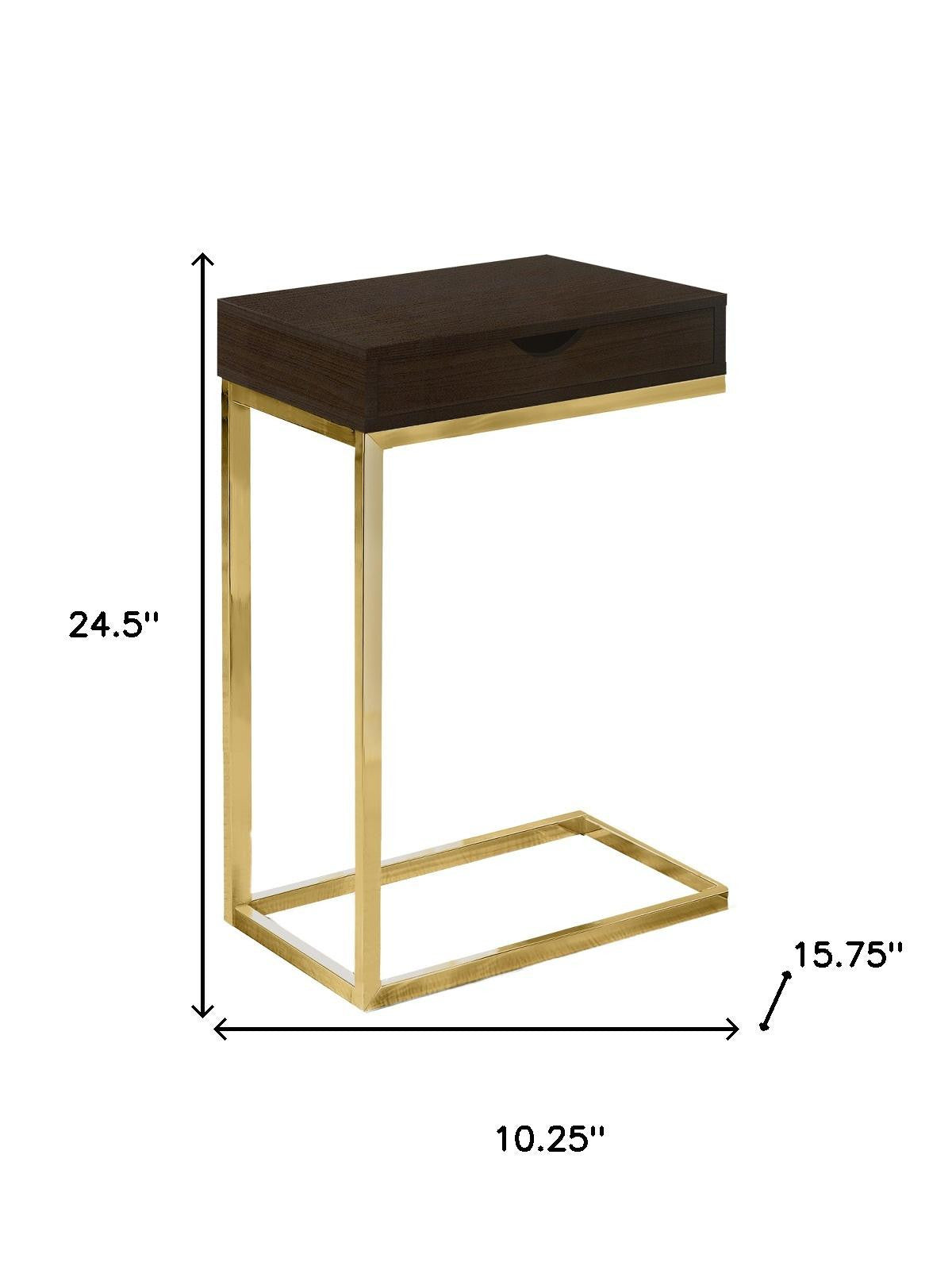 10.25" X 15.75" X 24.5" Cappuccino Finish And Gold Laminated Drawer Accent Table