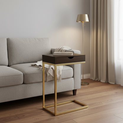 10.25" X 15.75" X 24.5" Cappuccino Finish And Gold Laminated Drawer Accent Table
