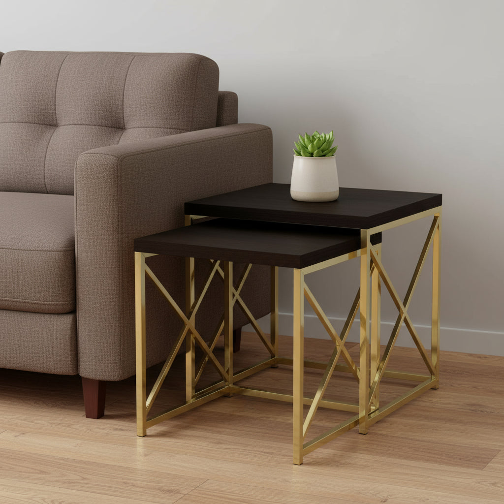 Set of Two 41" Gold And Brown Nested Tables