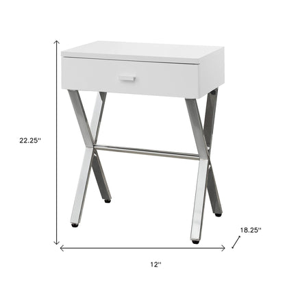 22" Silver And White Wood And Metal End Table With Drawer