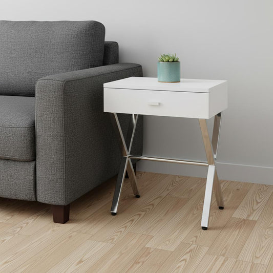 22" Silver And White Wood And Metal End Table With Drawer