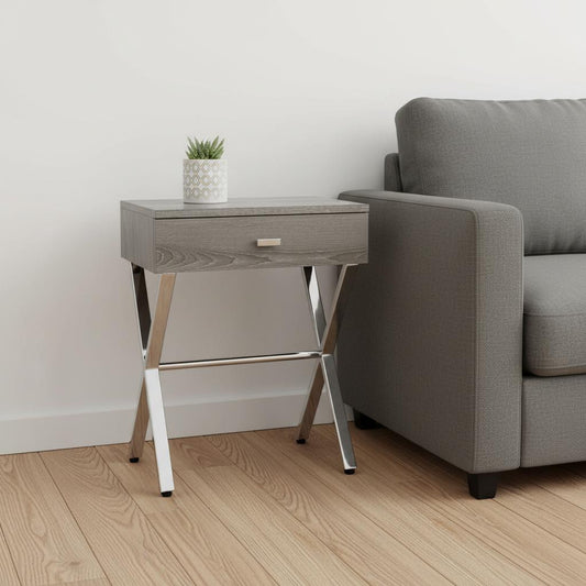 22" Silver And Deep Taupe Wood And Metal End Table With Drawer