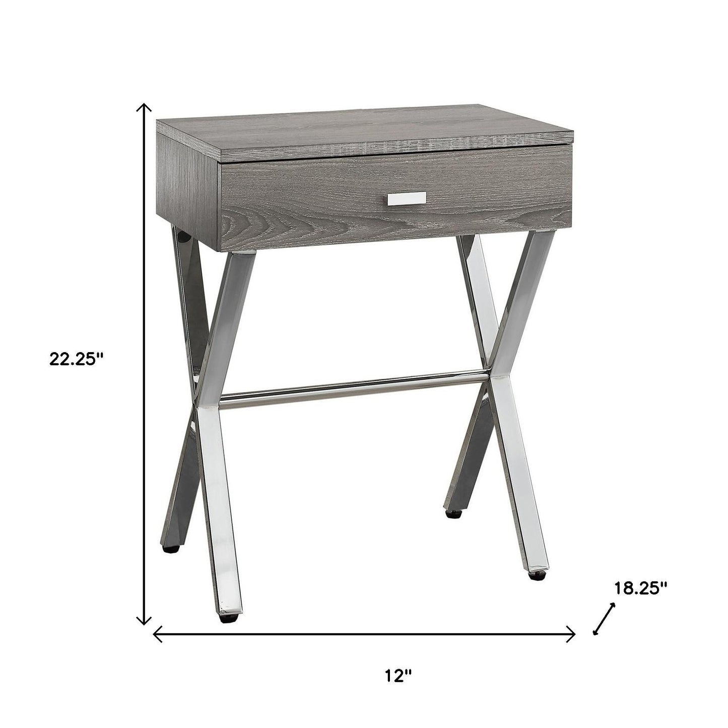 22" Silver And Deep Taupe Wood And Metal End Table With Drawer