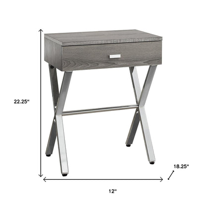 22" Silver And Deep Taupe Wood And Metal End Table With Drawer