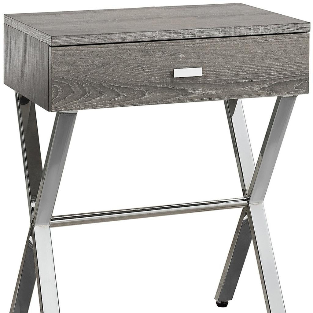 22" Silver And Deep Taupe Wood And Metal End Table With Drawer
