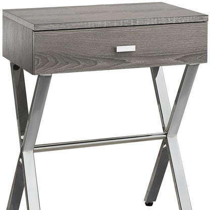 22" Silver And Deep Taupe Wood And Metal End Table With Drawer