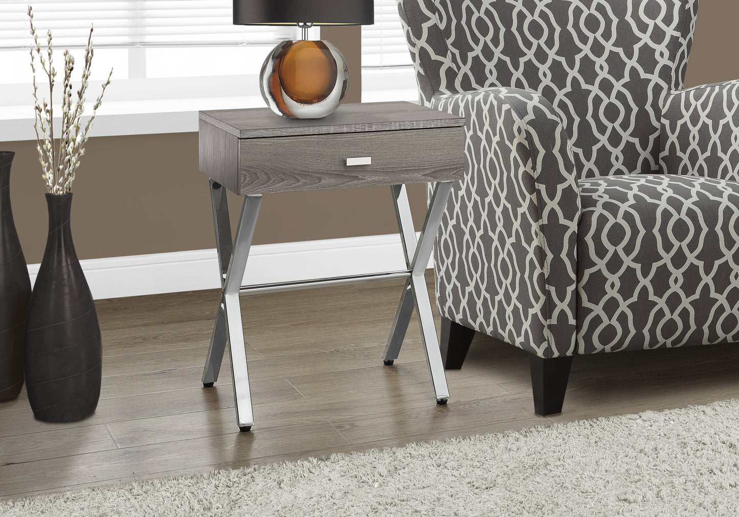 22" Silver And Deep Taupe Wood And Metal End Table With Drawer