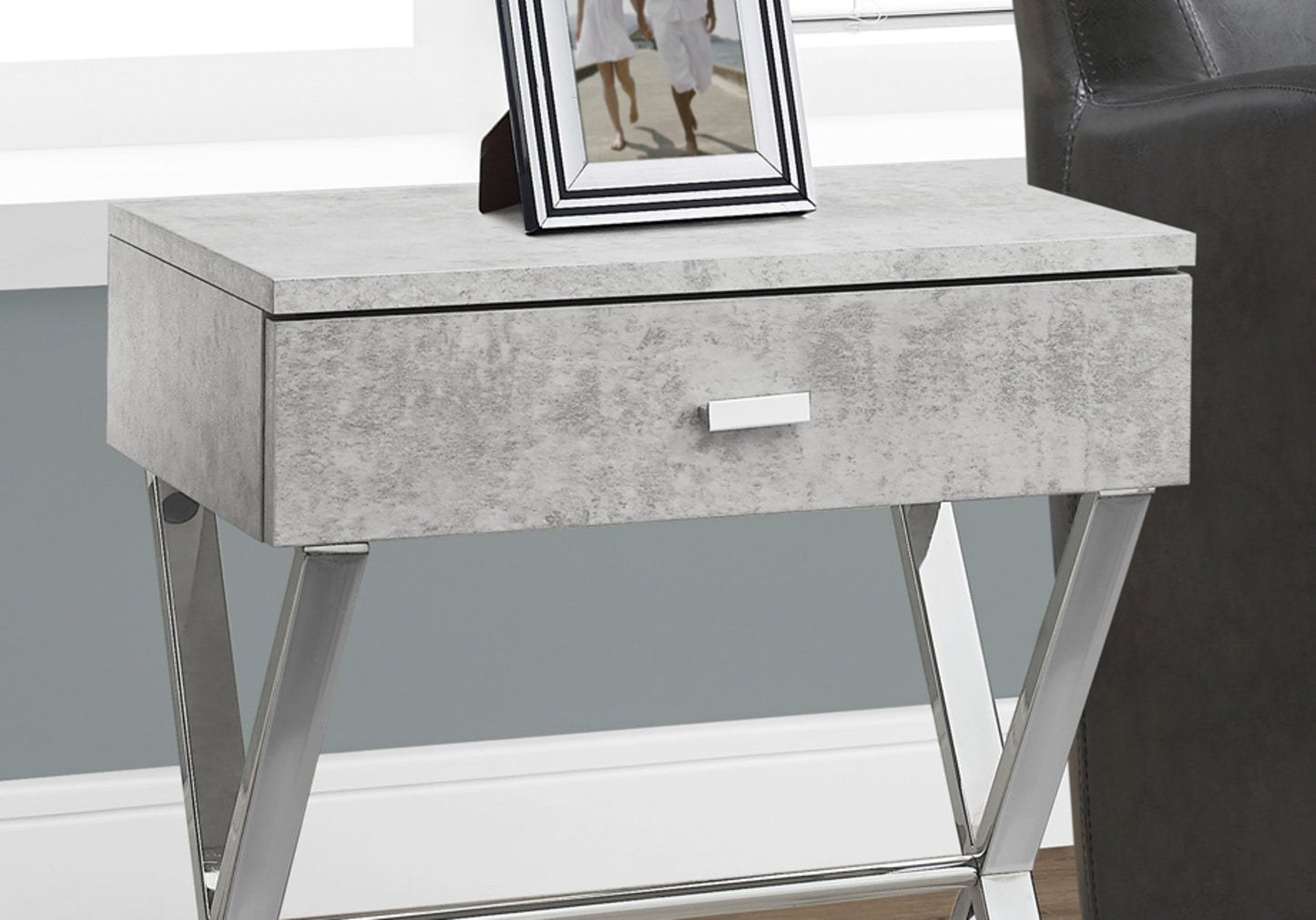 22" Silver And Gray Wood And Metal End Table With Drawer