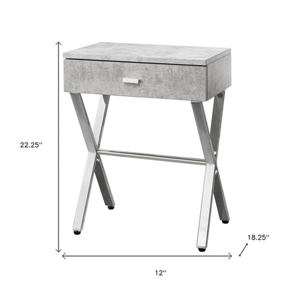 22" Silver And Gray Wood And Metal End Table With Drawer
