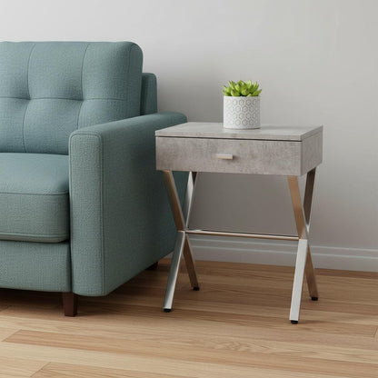 22" Silver And Gray Wood And Metal End Table With Drawer