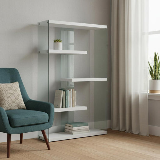 59" White And Clear Glass and Wood Four Tier Etagere Bookcase