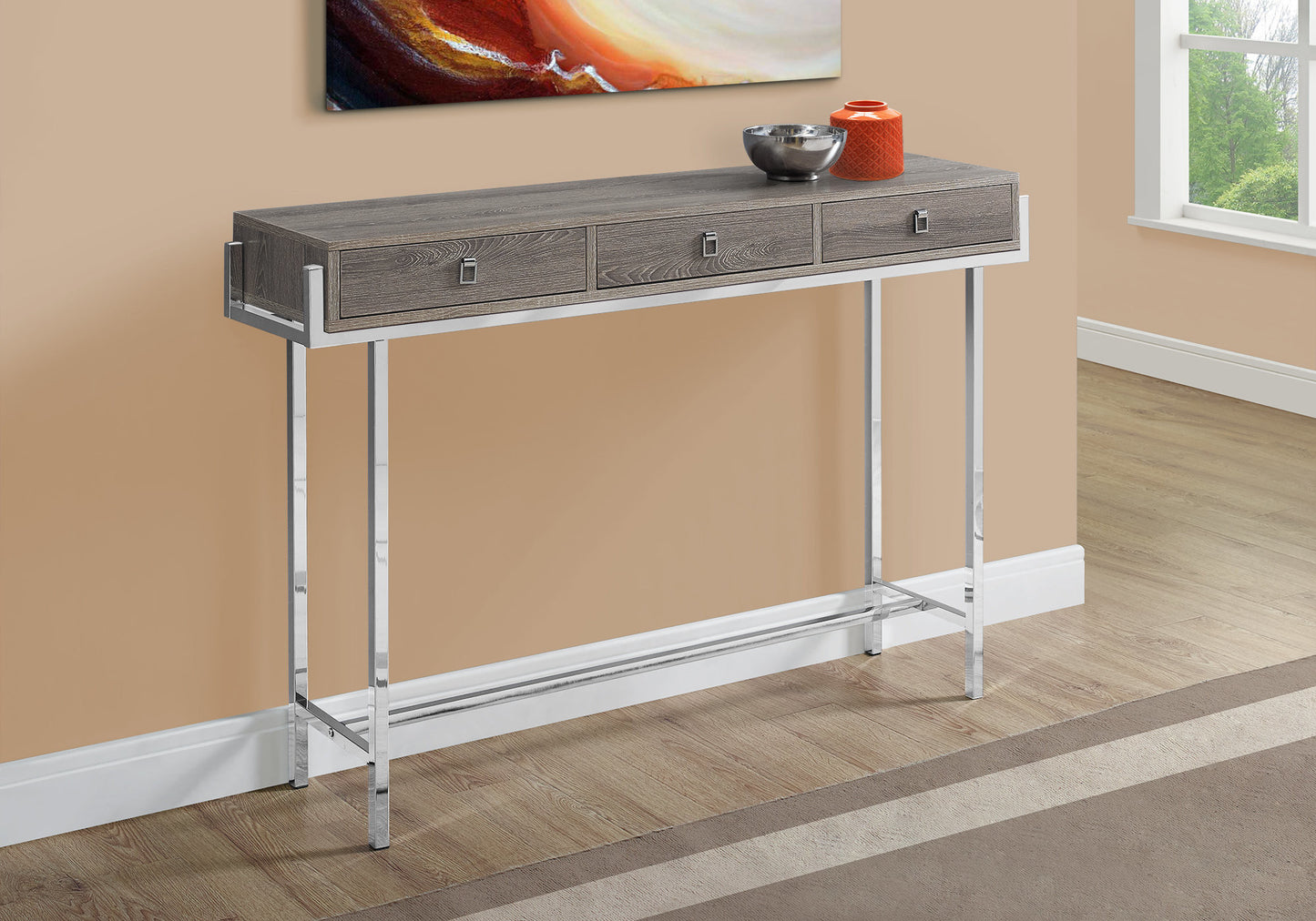 48" Taupe and Silver Console Table And Drawers
