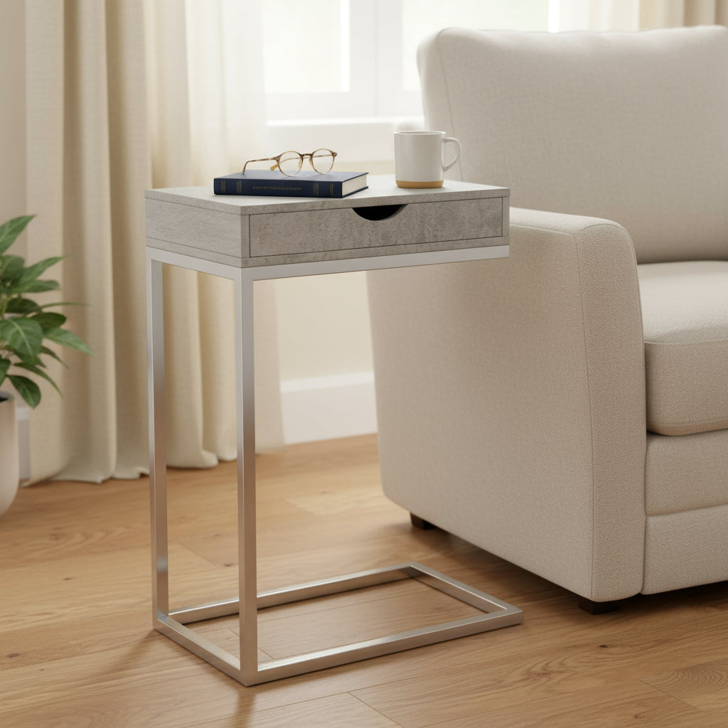 10.25" X 15.75" X 24.5" Grey Finish And Laminated Metal Accent Table