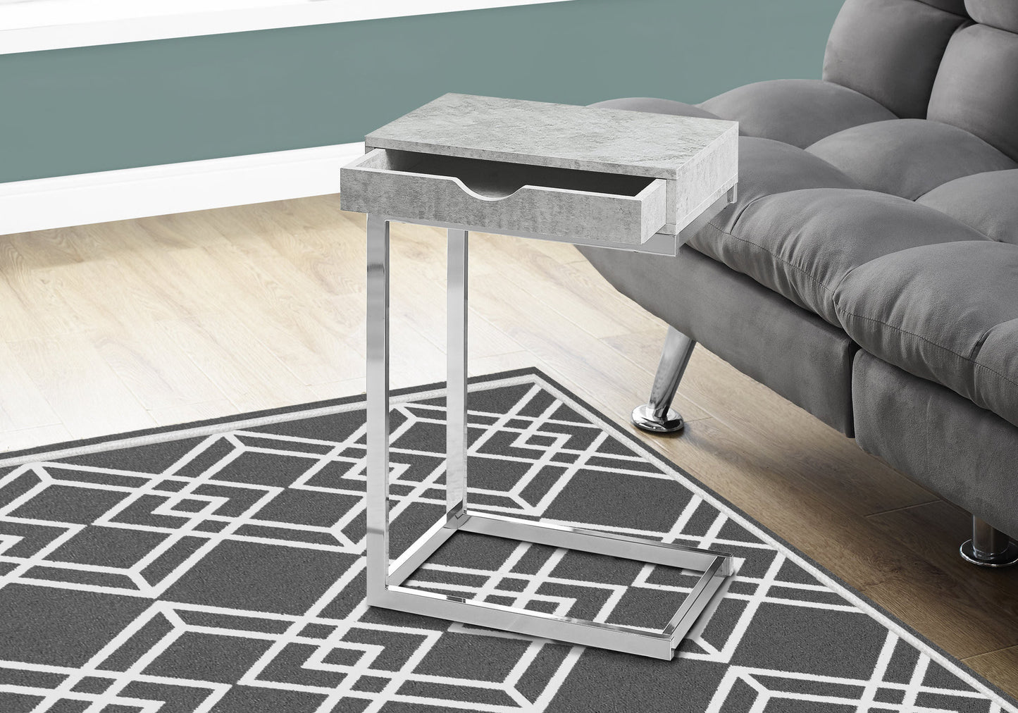 10.25" X 15.75" X 24.5" Grey Finish And Laminated Metal Accent Table