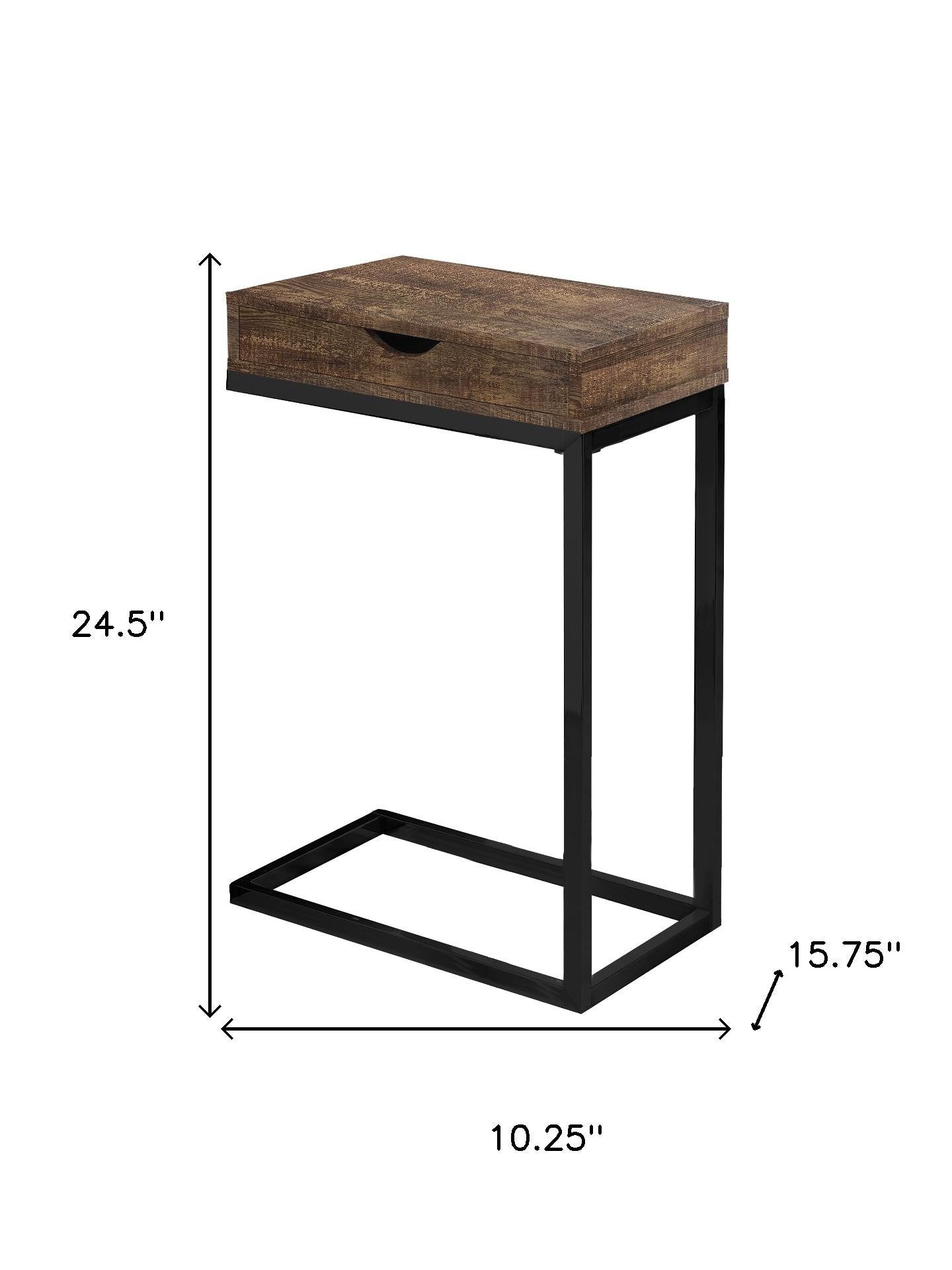 10.25" X 15.75" X 24.5" Brown Finish Drawer And Black Metal Accent Table