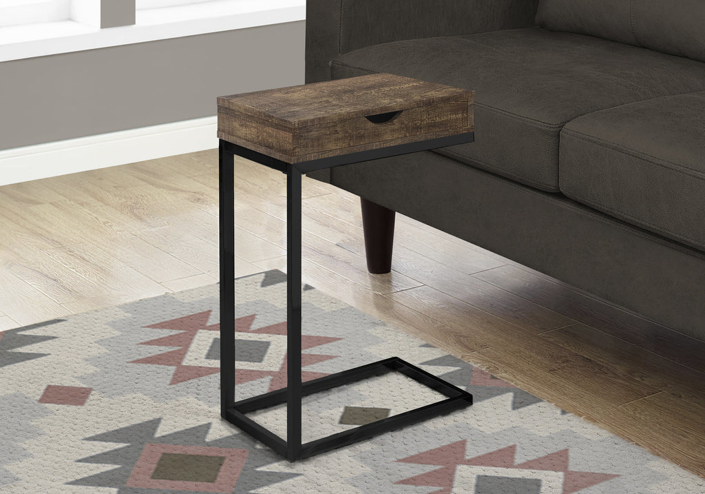 10.25" X 15.75" X 24.5" Brown Finish Drawer And Black Metal Accent Table