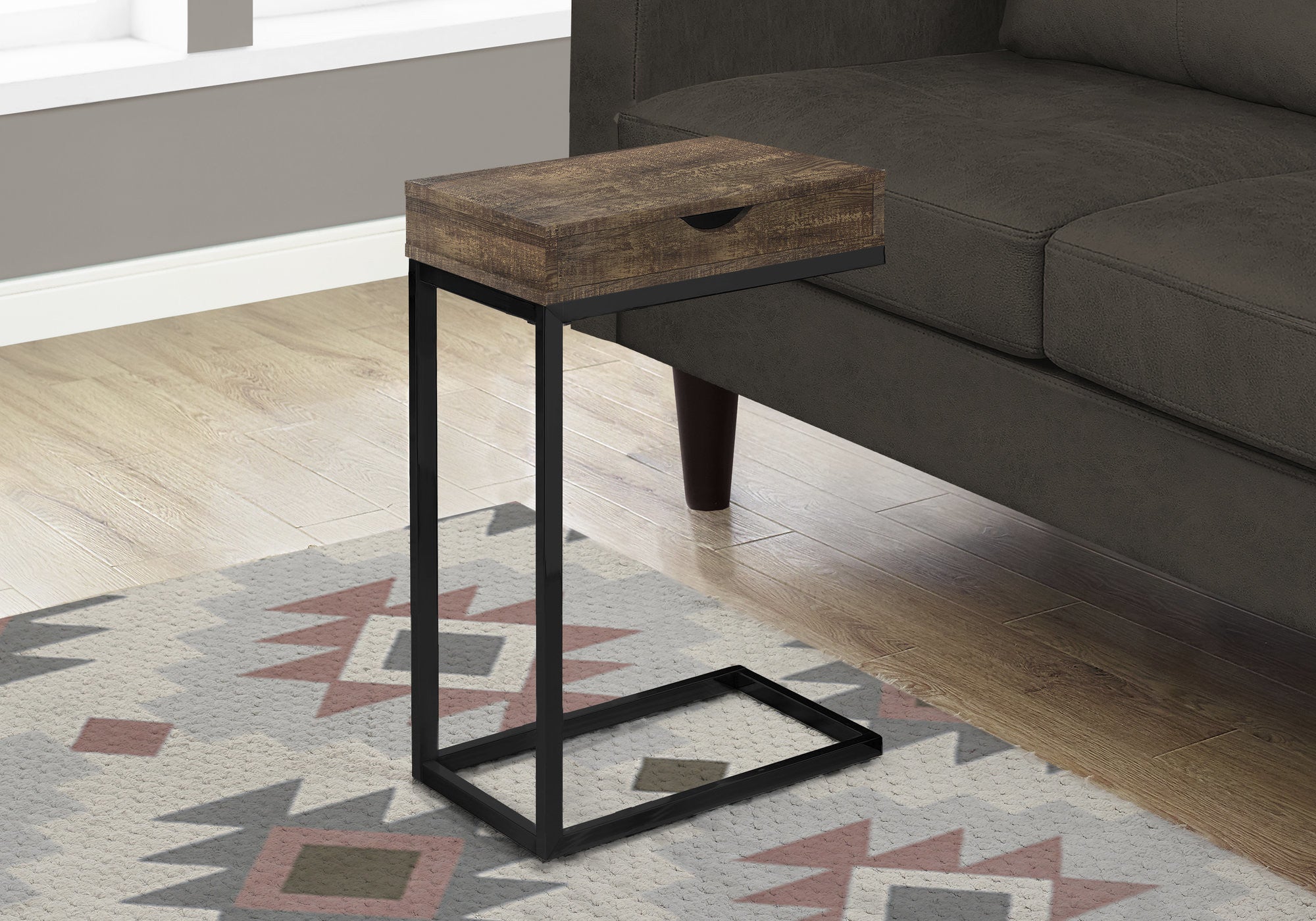 10.25" X 15.75" X 24.5" Brown Finish Drawer And Black Metal Accent Table