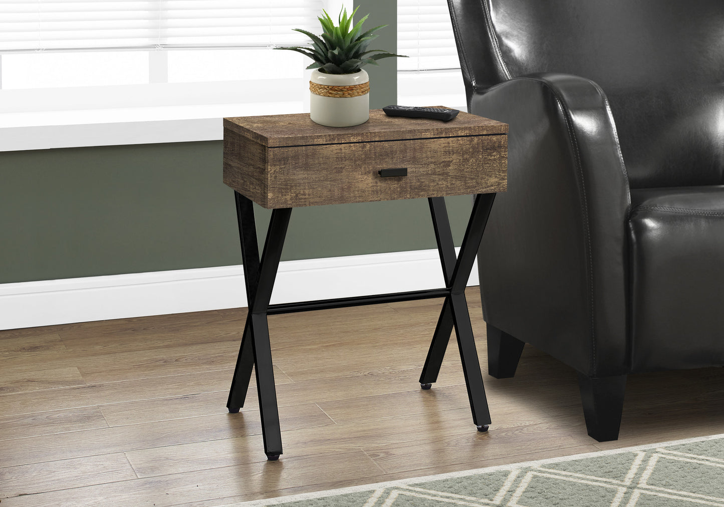 22" Black And Brown Wood And Metal End Table With Drawer