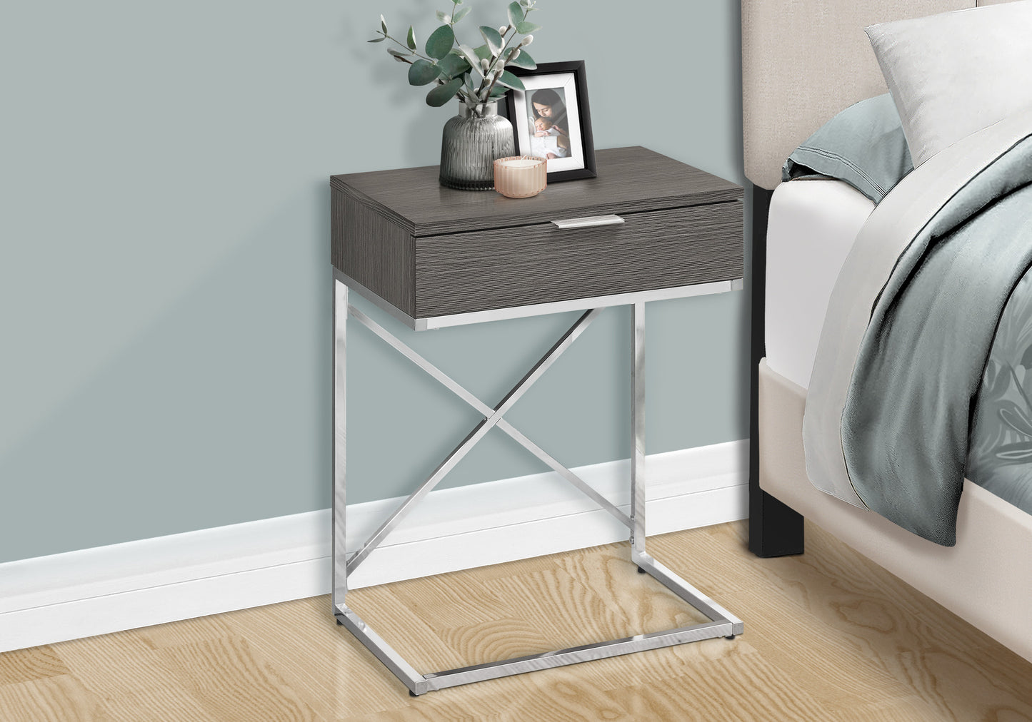 24" Silver And Gray Wood And Metal End Table With Drawer