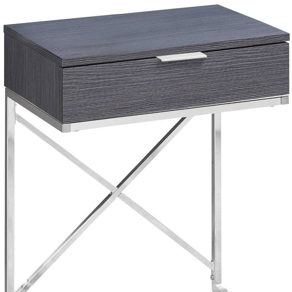 24" Silver And Gray Wood And Metal End Table With Drawer