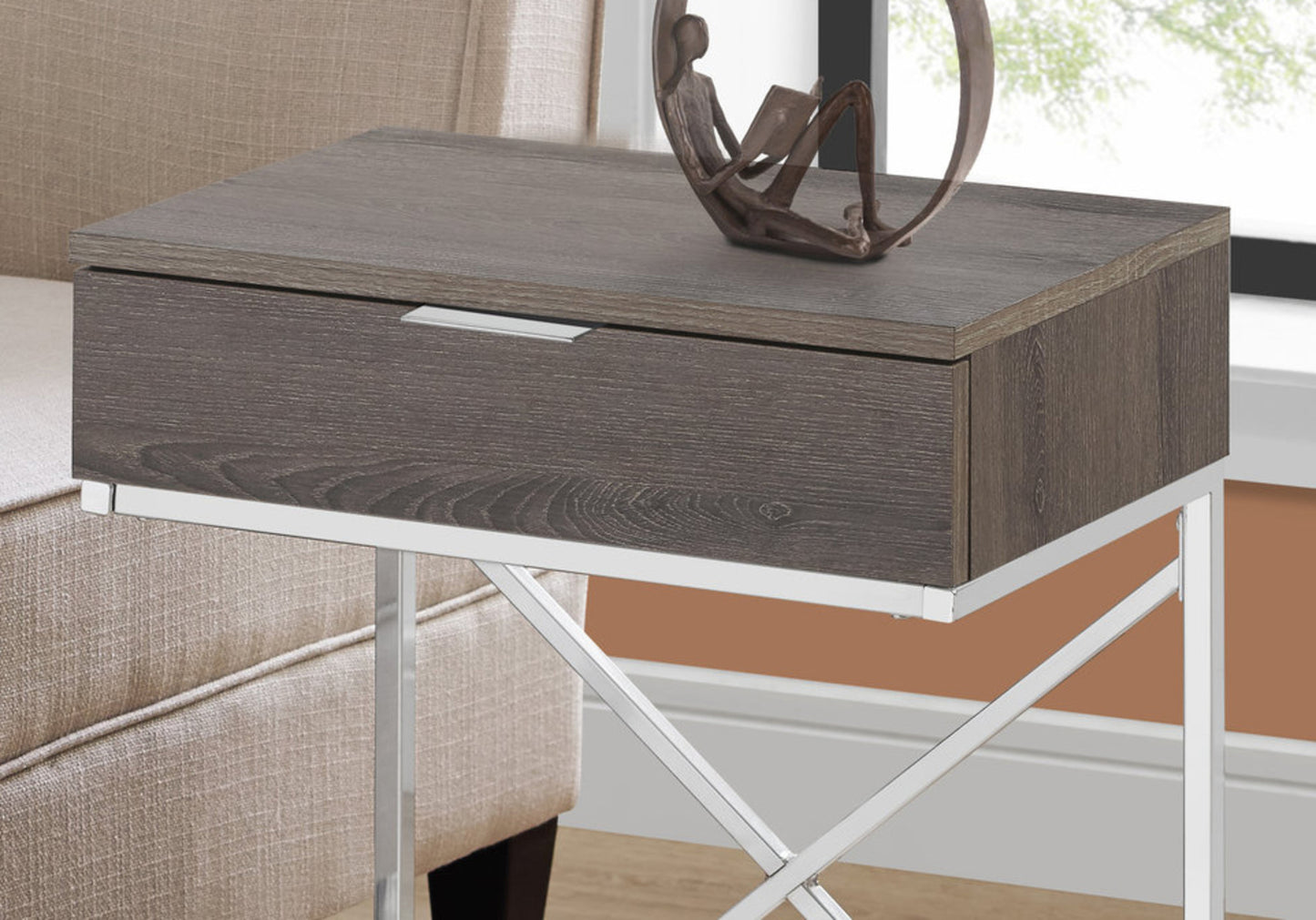 24" Silver And Taupe Wood And Metal End Table With Drawer