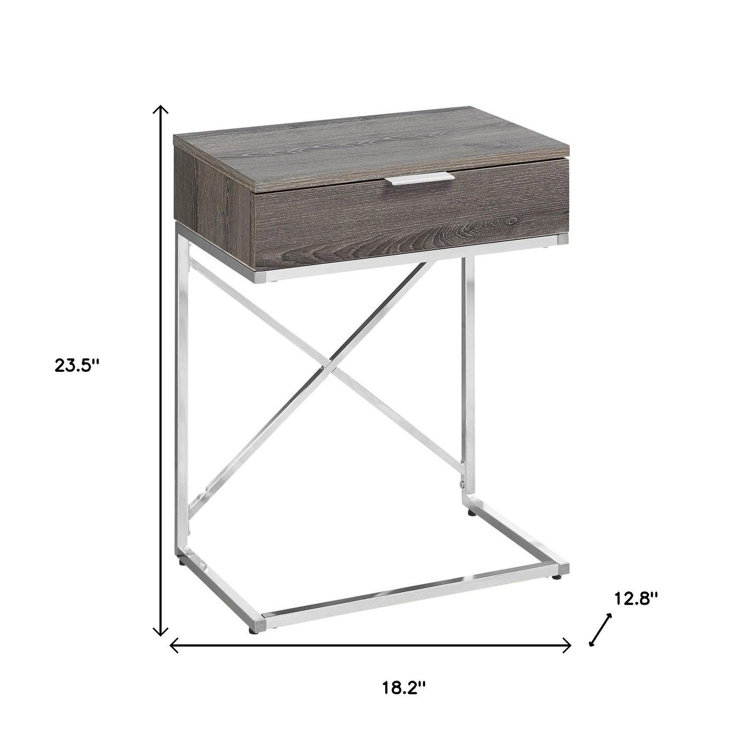 24" Silver And Taupe Wood And Metal End Table With Drawer