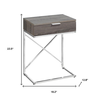 24" Silver And Taupe Wood And Metal End Table With Drawer
