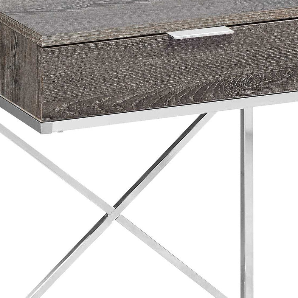 24" Silver And Taupe Wood And Metal End Table With Drawer