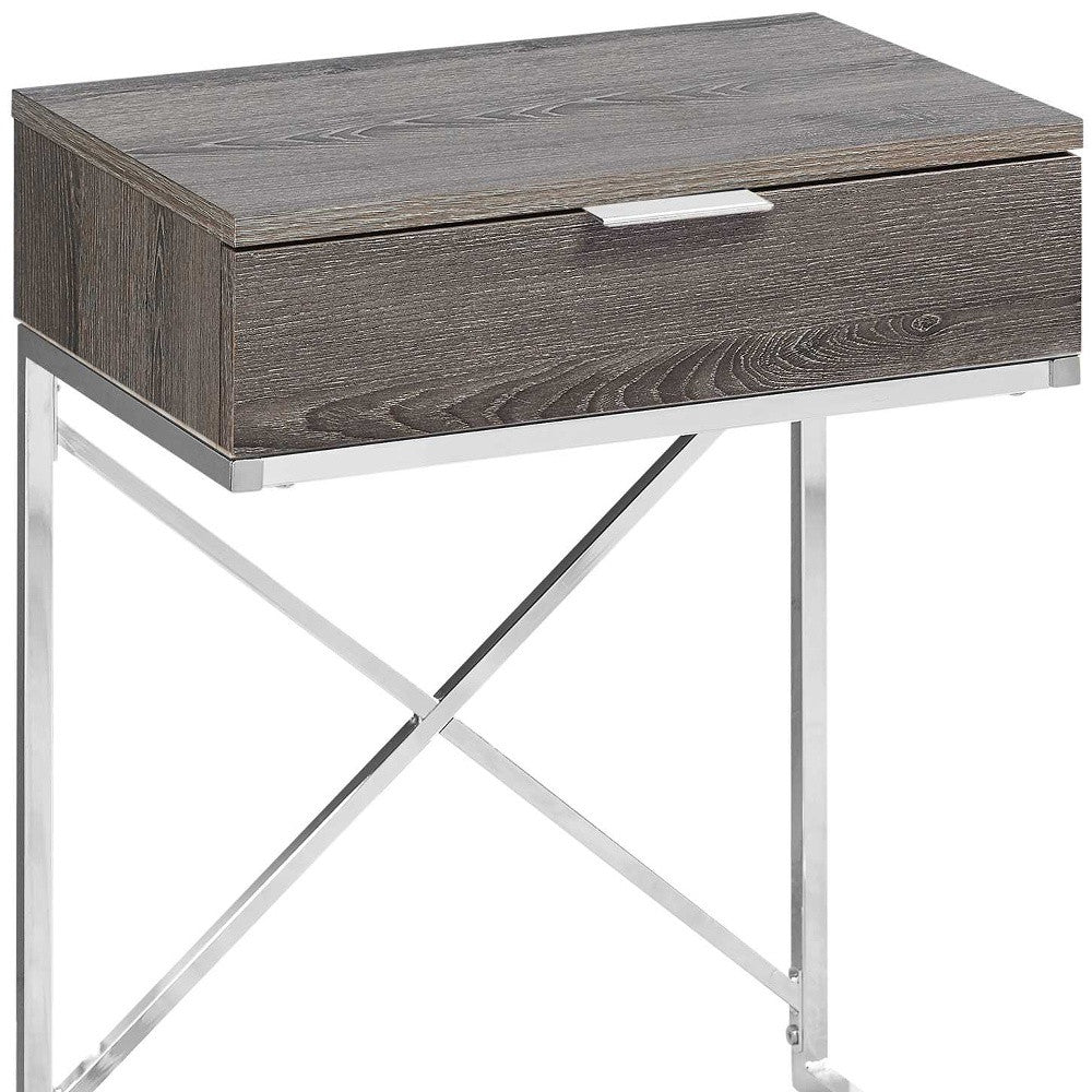 24" Silver And Taupe Wood And Metal End Table With Drawer