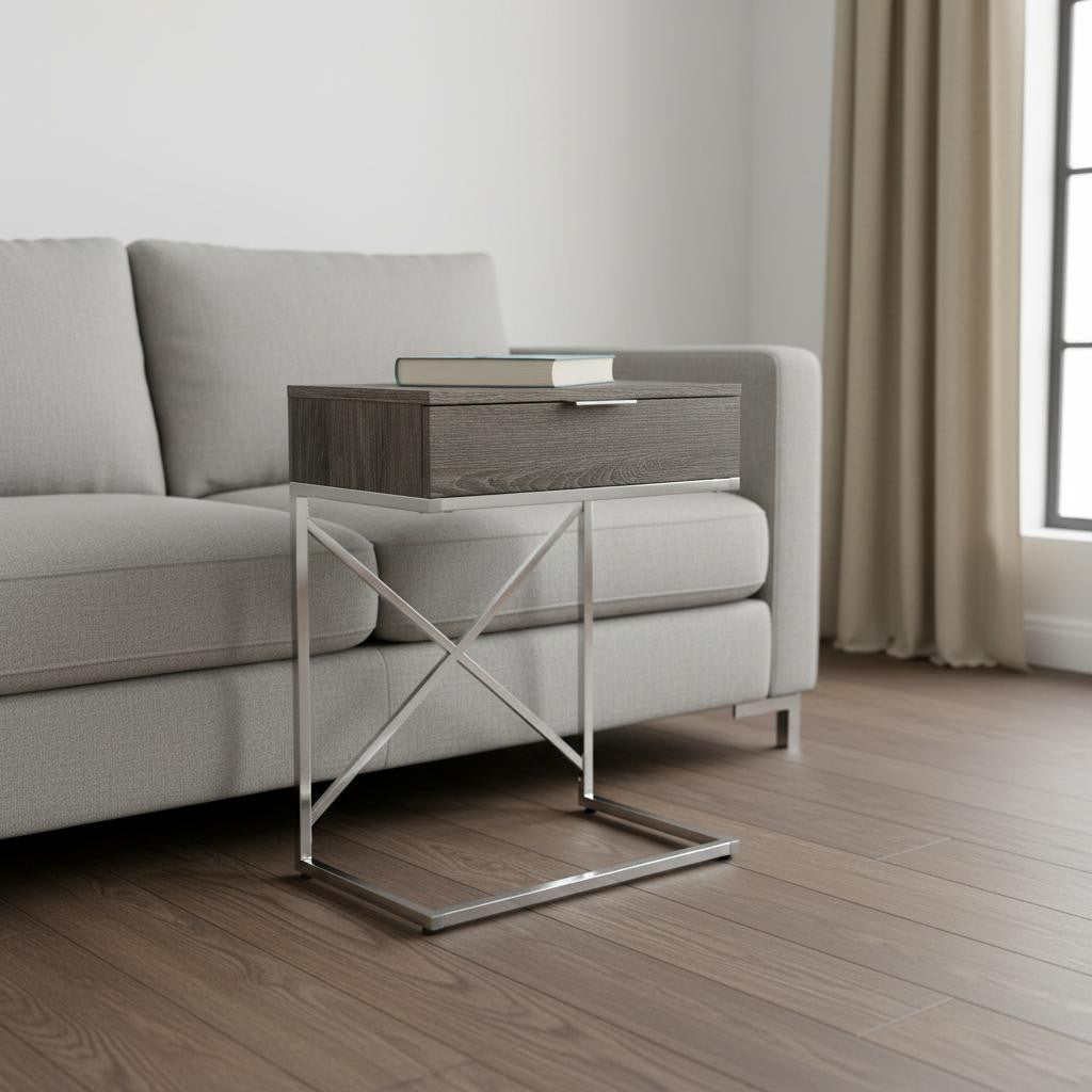 24" Silver And Taupe Wood And Metal End Table With Drawer