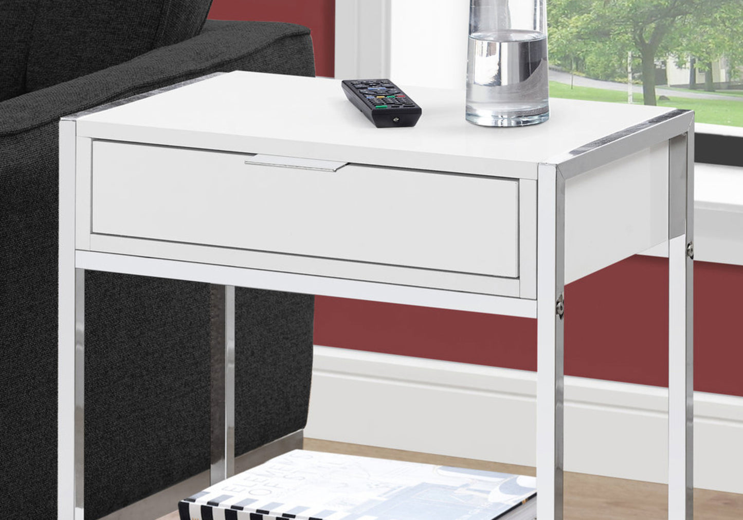 24" Silver And White Wood And Metal End Table With Drawer And Shelf