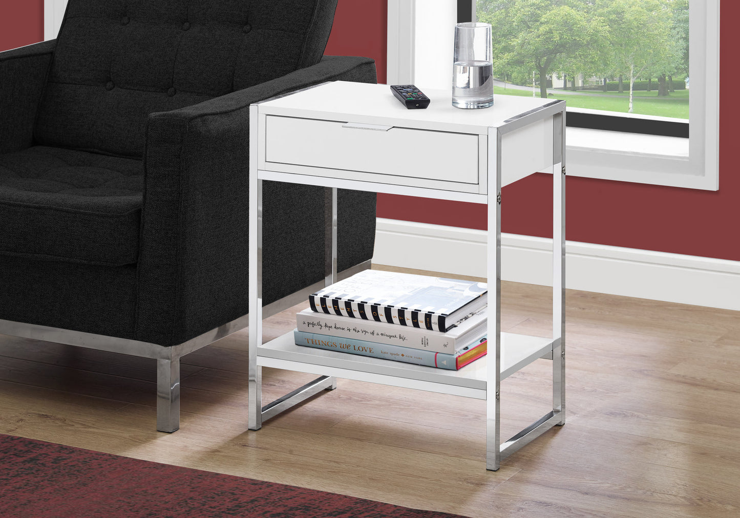 24" Silver And White Wood And Metal End Table With Drawer And Shelf