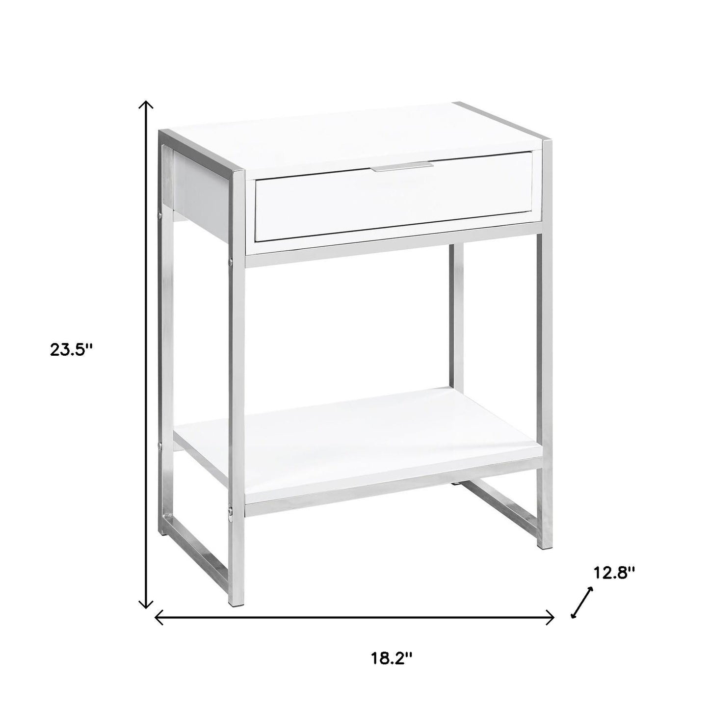 24" Silver And White Wood And Metal End Table With Drawer And Shelf