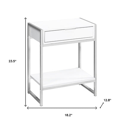 24" Silver And White Wood And Metal End Table With Drawer And Shelf