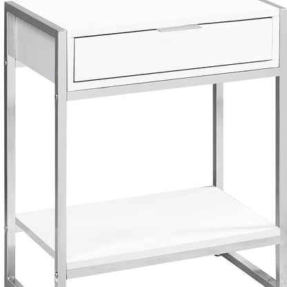 24" Silver And White Wood And Metal End Table With Drawer And Shelf