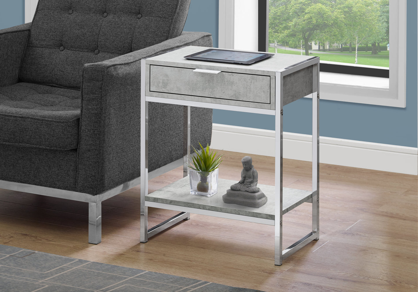 24" Silver And Gray Wood And Metal End Table With Drawer And Shelf