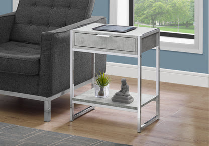 24" Silver And Gray Wood And Metal End Table With Drawer And Shelf